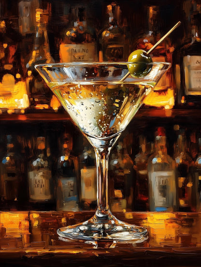 Painterly Martini Cocktail canvas print, a single olive resting on a toothpick