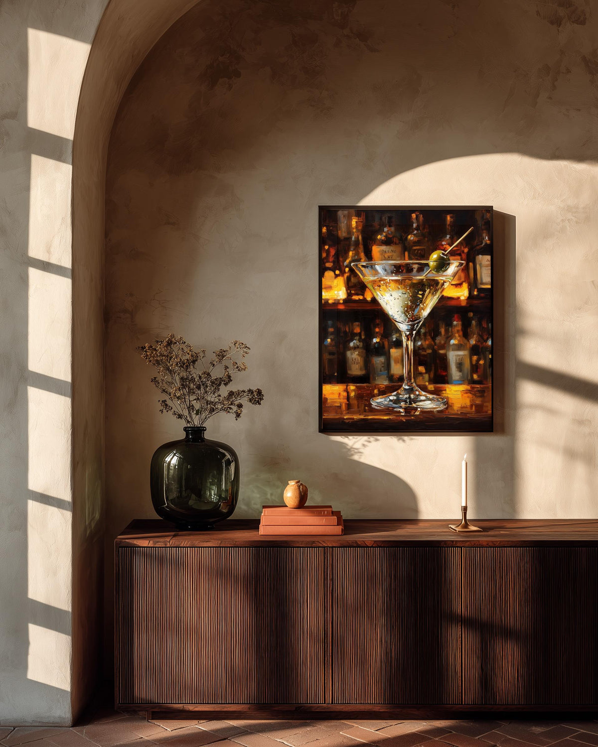 Martini Cocktail Wall Art — painterly canvas art, hand-framed in solid wood