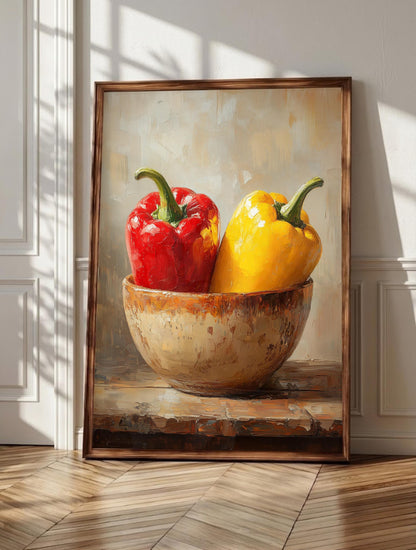 Bell Pepper Still Life wall art: two glossy red and yellow bell peppers resting in a rustic ceramic, framed canvas print