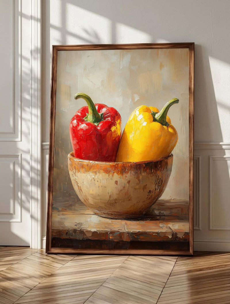 Bell Pepper Still Life wall art: two glossy red and yellow bell peppers resting in a rustic ceramic, framed canvas print