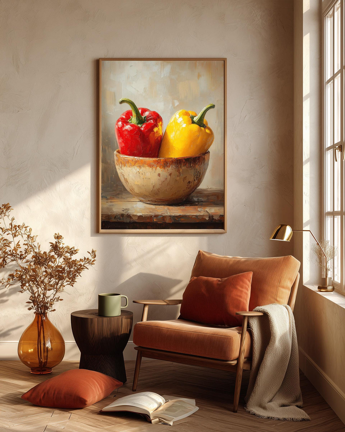 Bell Pepper Still Life framed canvas art in a solid wood frame, ready to hang