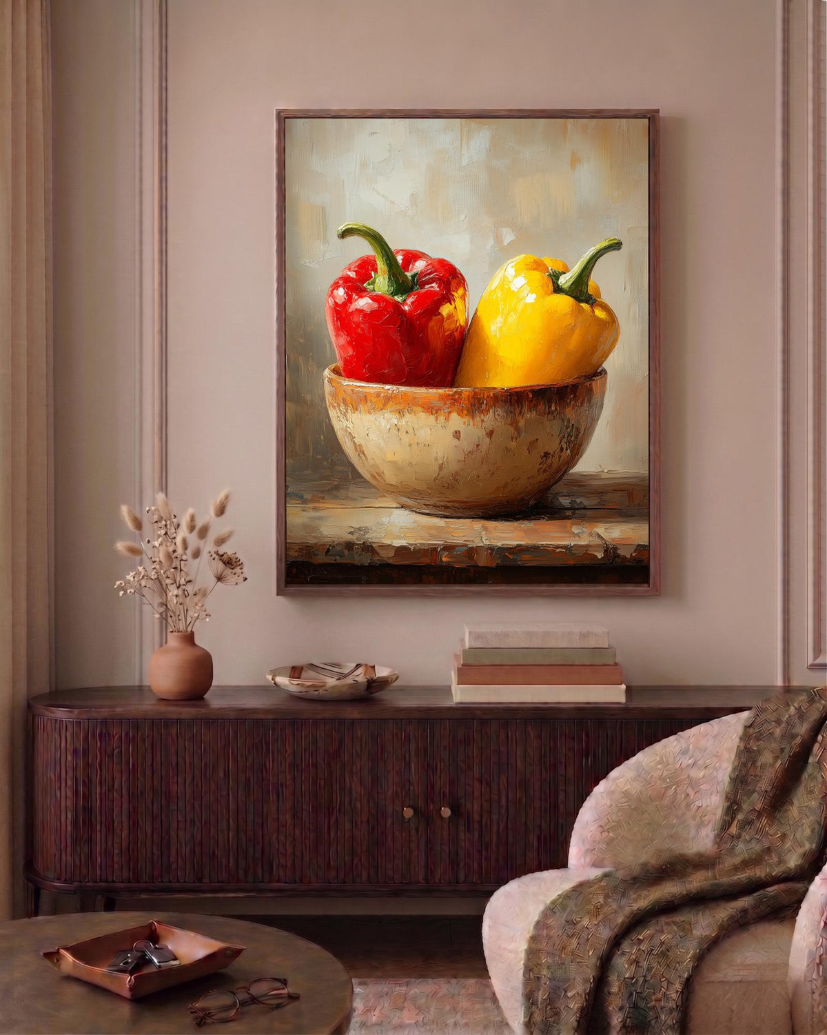 Oil-painting style Bell Pepper Still Life printed on cotton canvas, made to order
