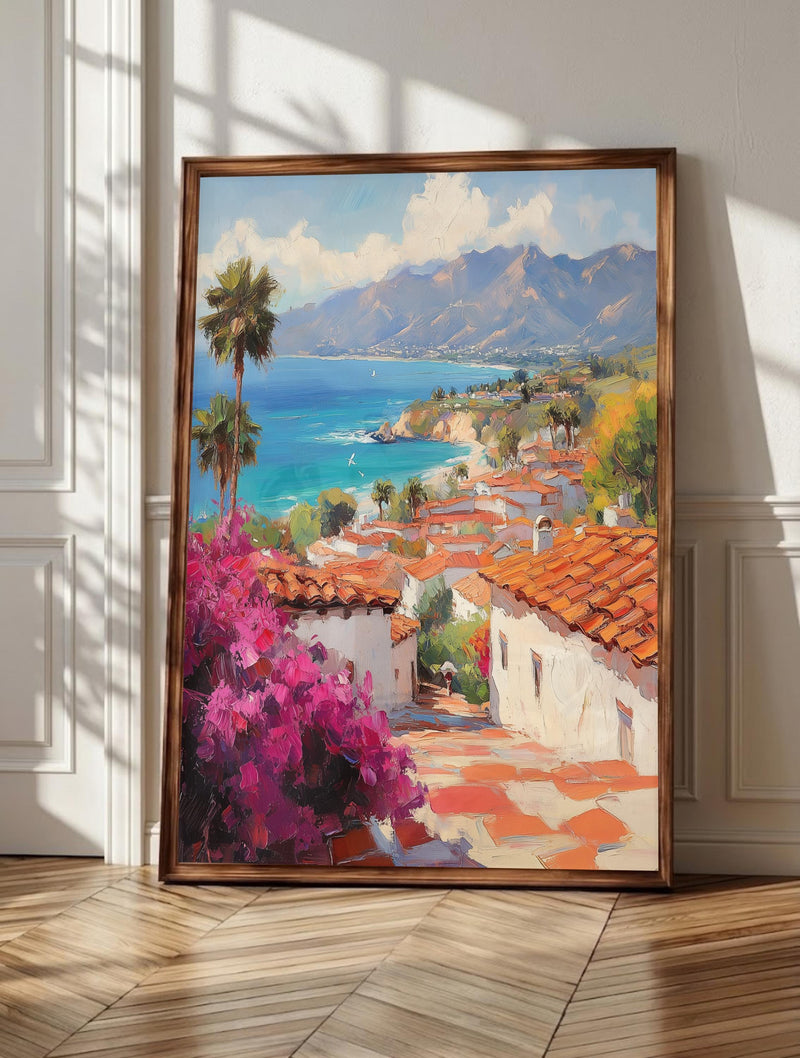 Santa Barbara wall art: whitewashed Spanish Colonial rooftops and red clay tiles stepping down to the Pacific, framed canvas print