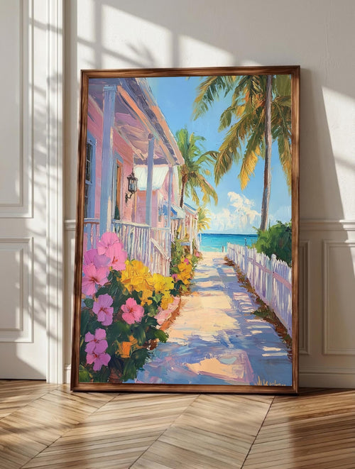 Key West wall art: pastel Conch-style houses with gingerbread porches and white picket fences, framed canvas print