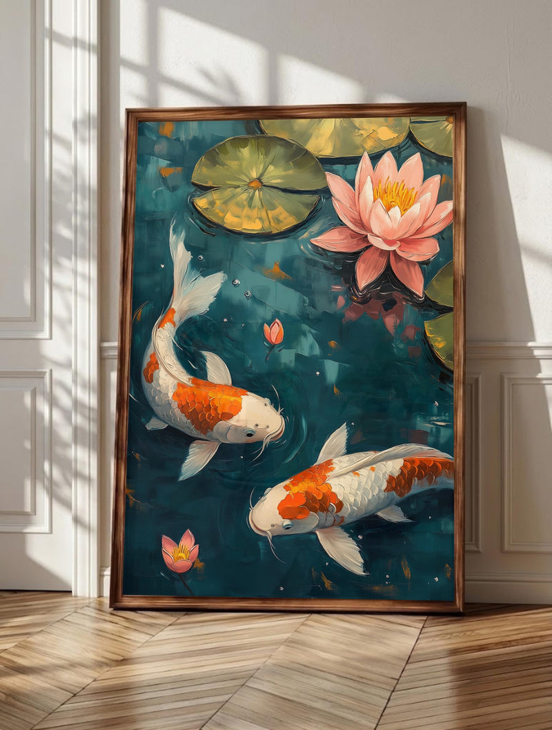 Koi Fish wall art: two orange and white koi gliding through deep teal water, framed canvas print