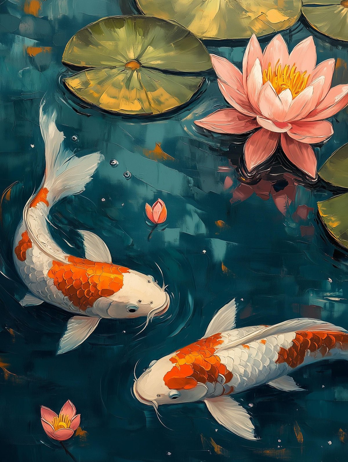 Painterly Koi Fish canvas print, pink lotus blossoms and floating lily pads above them