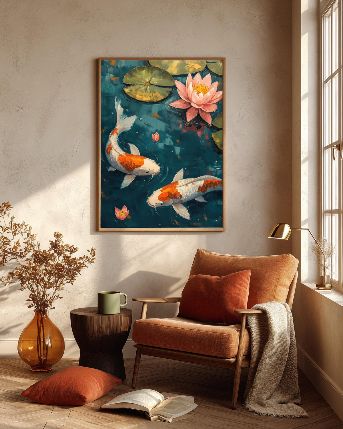Koi Fish framed canvas art in a solid wood frame, ready to hang