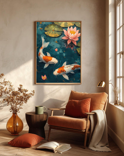 Koi Fish framed canvas art in a solid wood frame, ready to hang