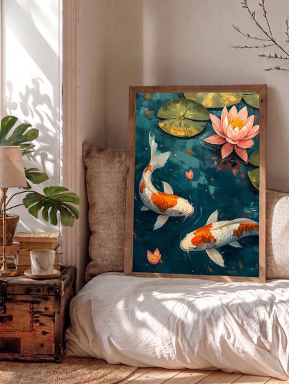 Koi Fish Wall Art — museum-grade cotton canvas in a solid wood frame