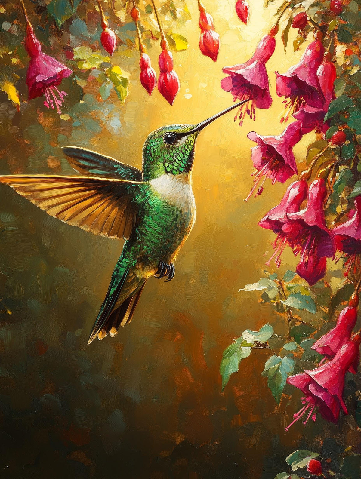 Painterly Hummingbird canvas print, soft morning light glowing warmly through green leaves behind it