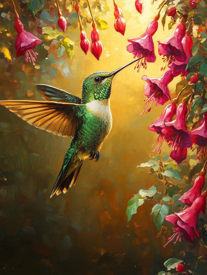 Painterly Hummingbird canvas print, soft morning light glowing warmly through green leaves behind it