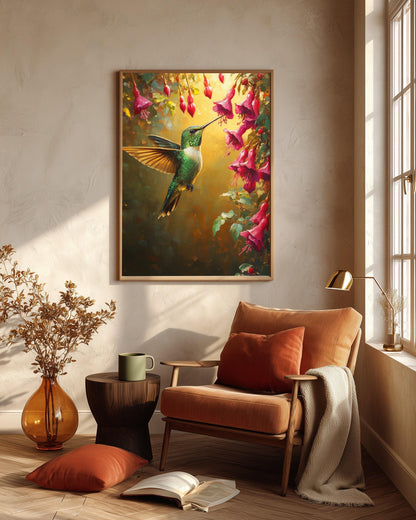 Hummingbird framed canvas art in a solid wood frame, ready to hang